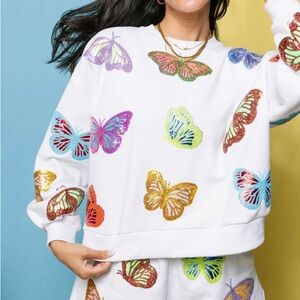 QUEEN OF SPARKLES White Multi Butterfly Sequin Sweatshirt and Shorts Set